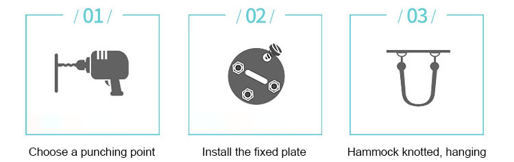 एक पंचिंग पॉइंट चुनें फिक्स्ड प्लेट हैमॉक को गाँठ लगाकर, लटकाकर स्थापित करें