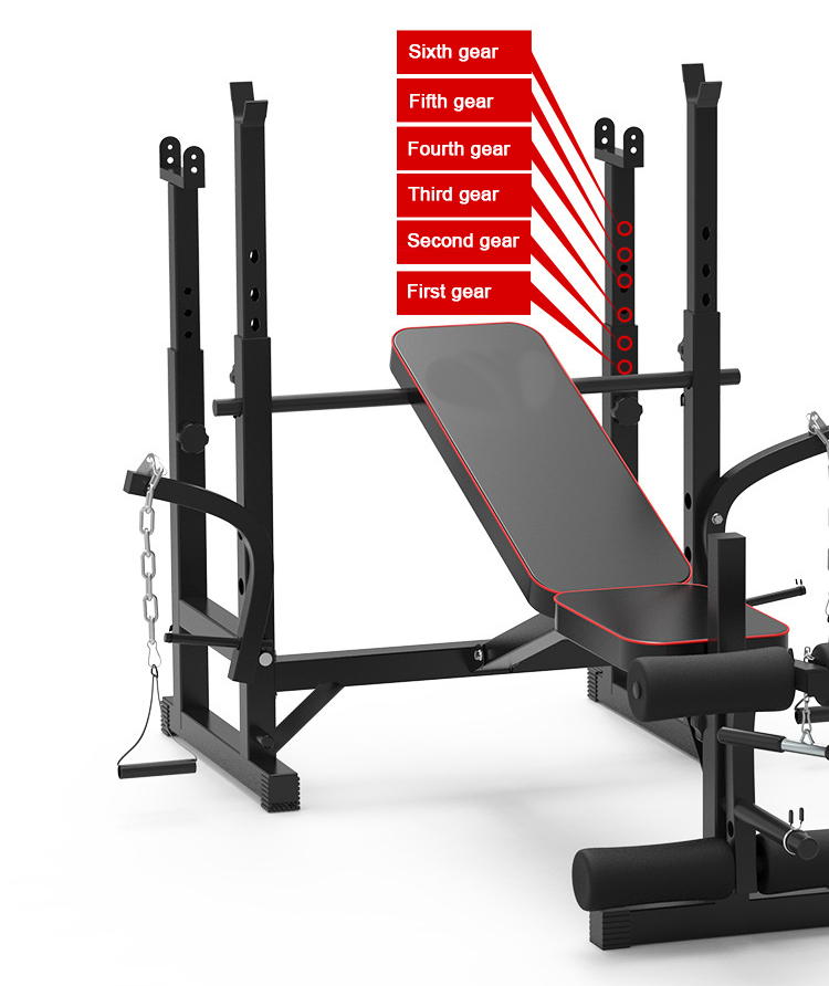Squat and bench press. The height of the barbell bench press bracket can be adjusted in five gears, and the height of the free squat bracket can be adjusted in six gears.